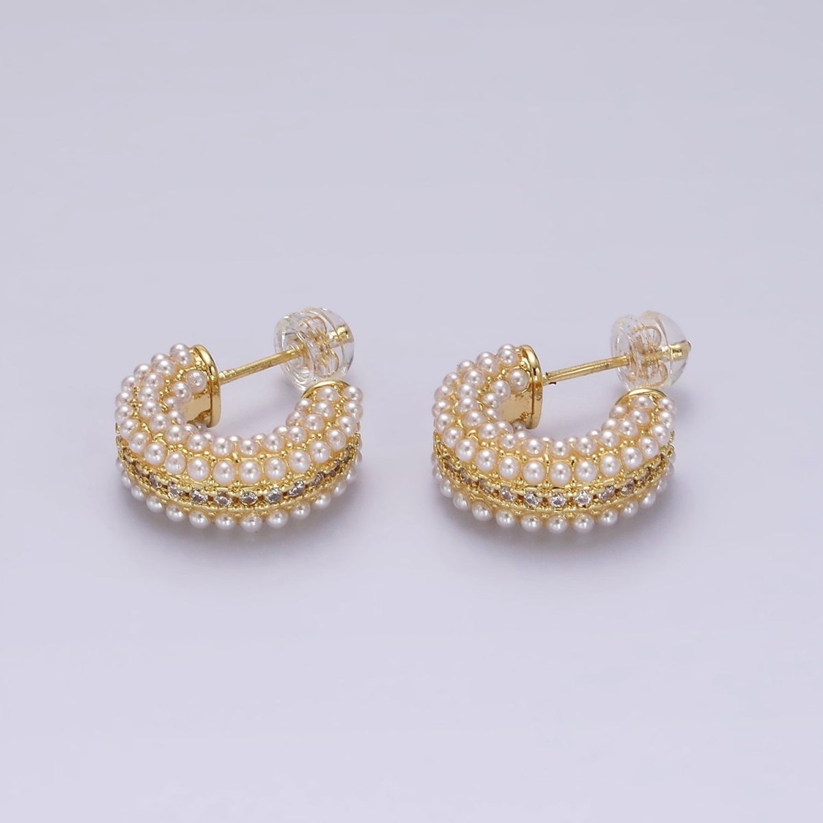 14K Gold Filled Multiple Pearl Micro Paved CZ 15mm C-Shaped Hoop Earrings in Gold & Silver | V259 V260 - DLUXCA