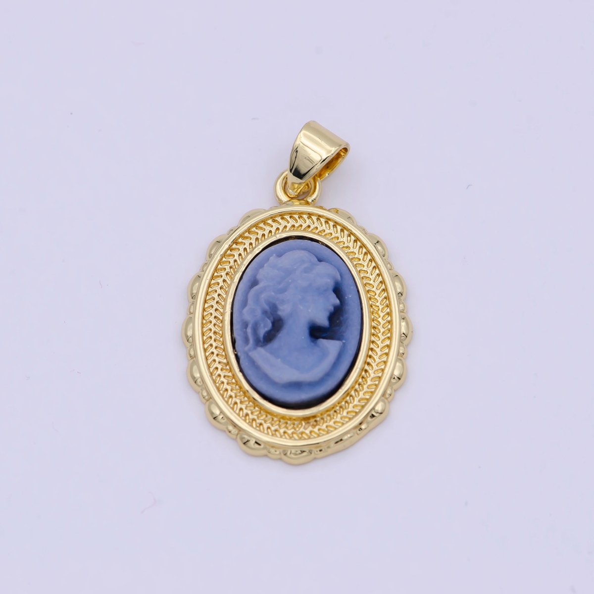 14K Gold Filled Natural Blue Agate Women's Portrait Italian Cameo Vintage Jewelry Oval Pendant N-585 - DLUXCA