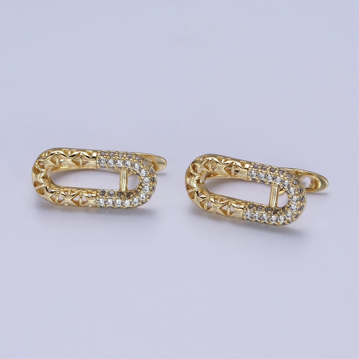 14K Gold Filled Oblong Half Filigree Micro Paved CZ English Lock Earrings | AB321 - DLUXCA