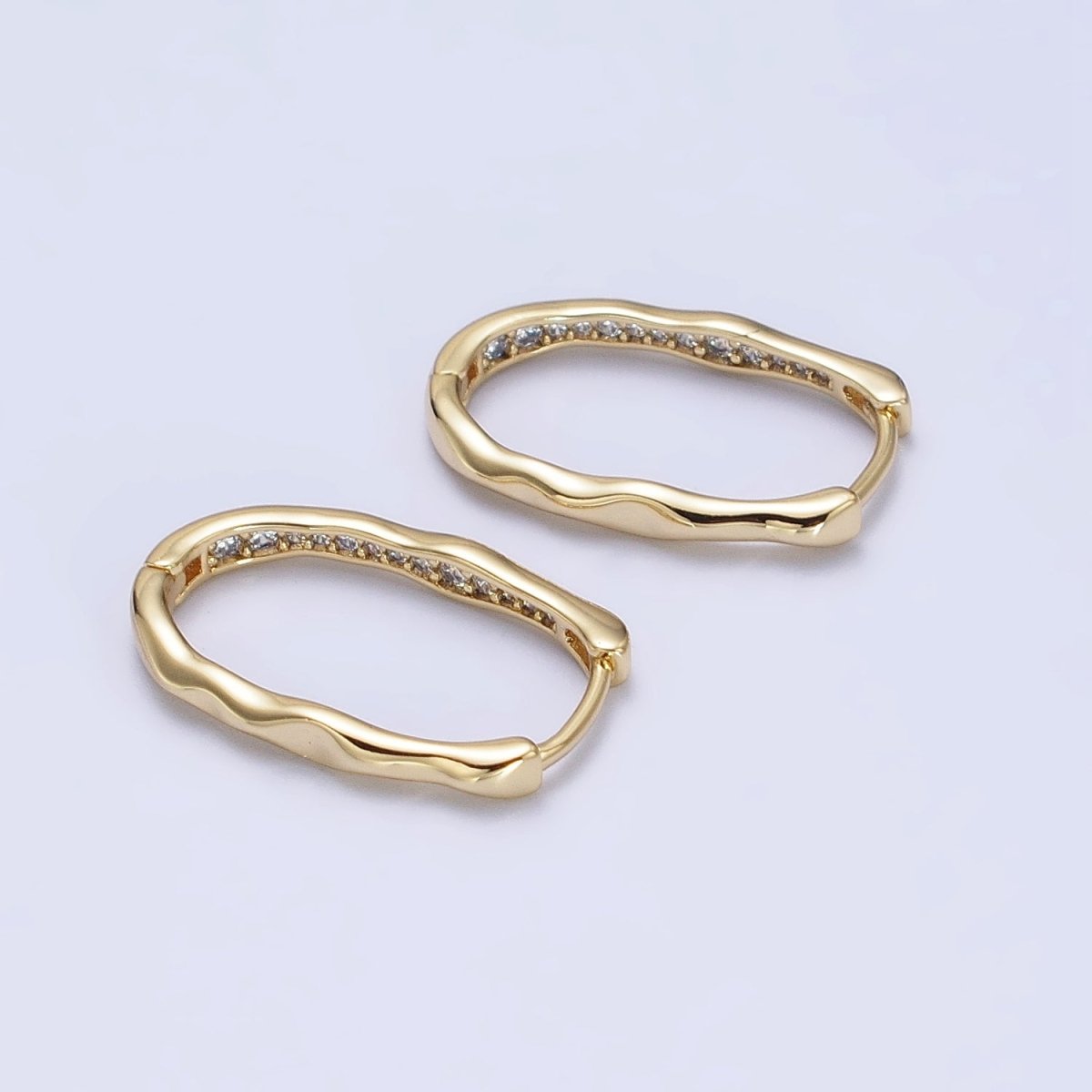 14K Gold Filled Oblong Hammered Geometric Micro Paved Hoop Earrings | AB266 - DLUXCA