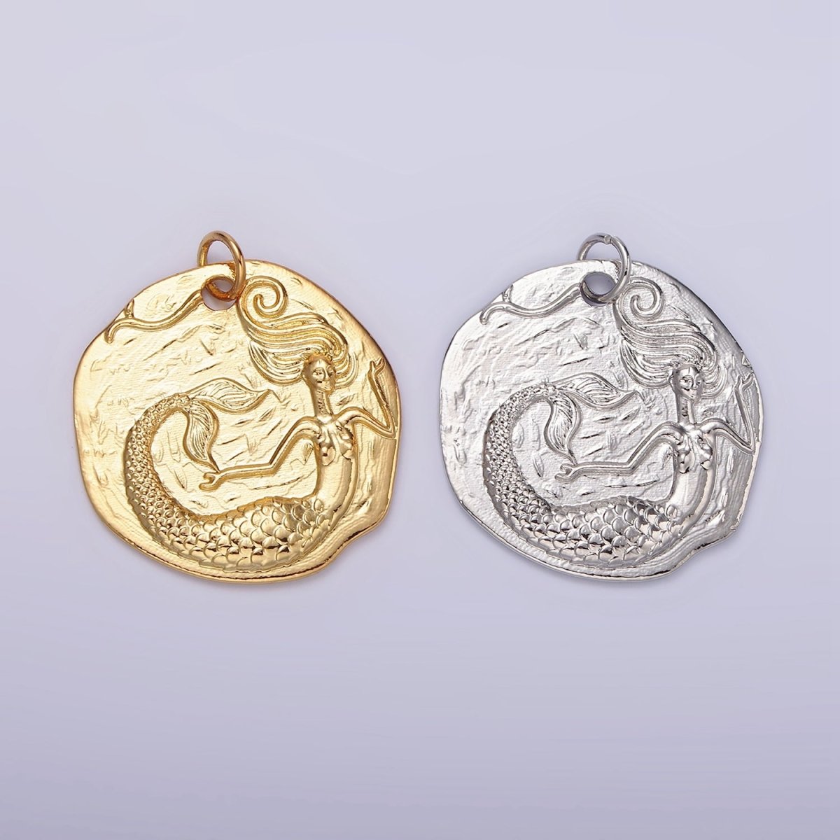 14K Gold Filled Ocean Mermaid Textured Round Coin Charm in Gold & Silver | N1161 N1162 - DLUXCA