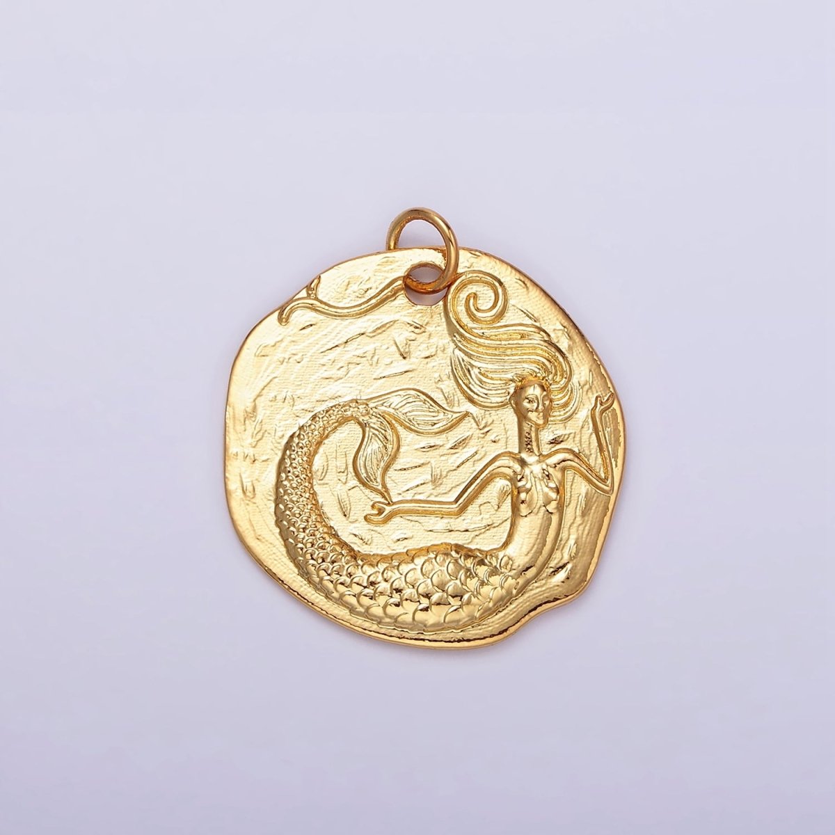 14K Gold Filled Ocean Mermaid Textured Round Coin Charm in Gold & Silver | N1161 N1162 - DLUXCA