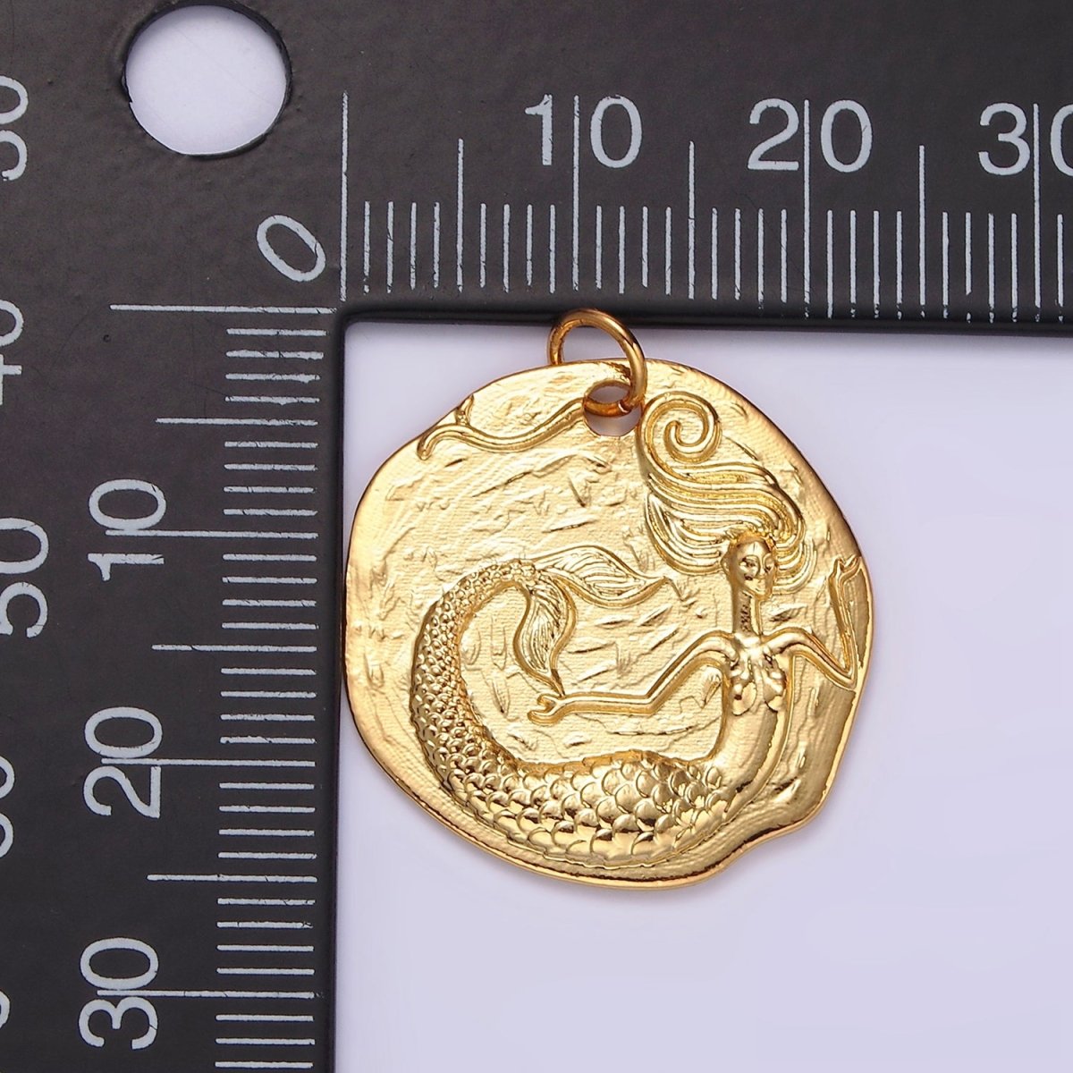 14K Gold Filled Ocean Mermaid Textured Round Coin Charm in Gold & Silver | N1161 N1162 - DLUXCA