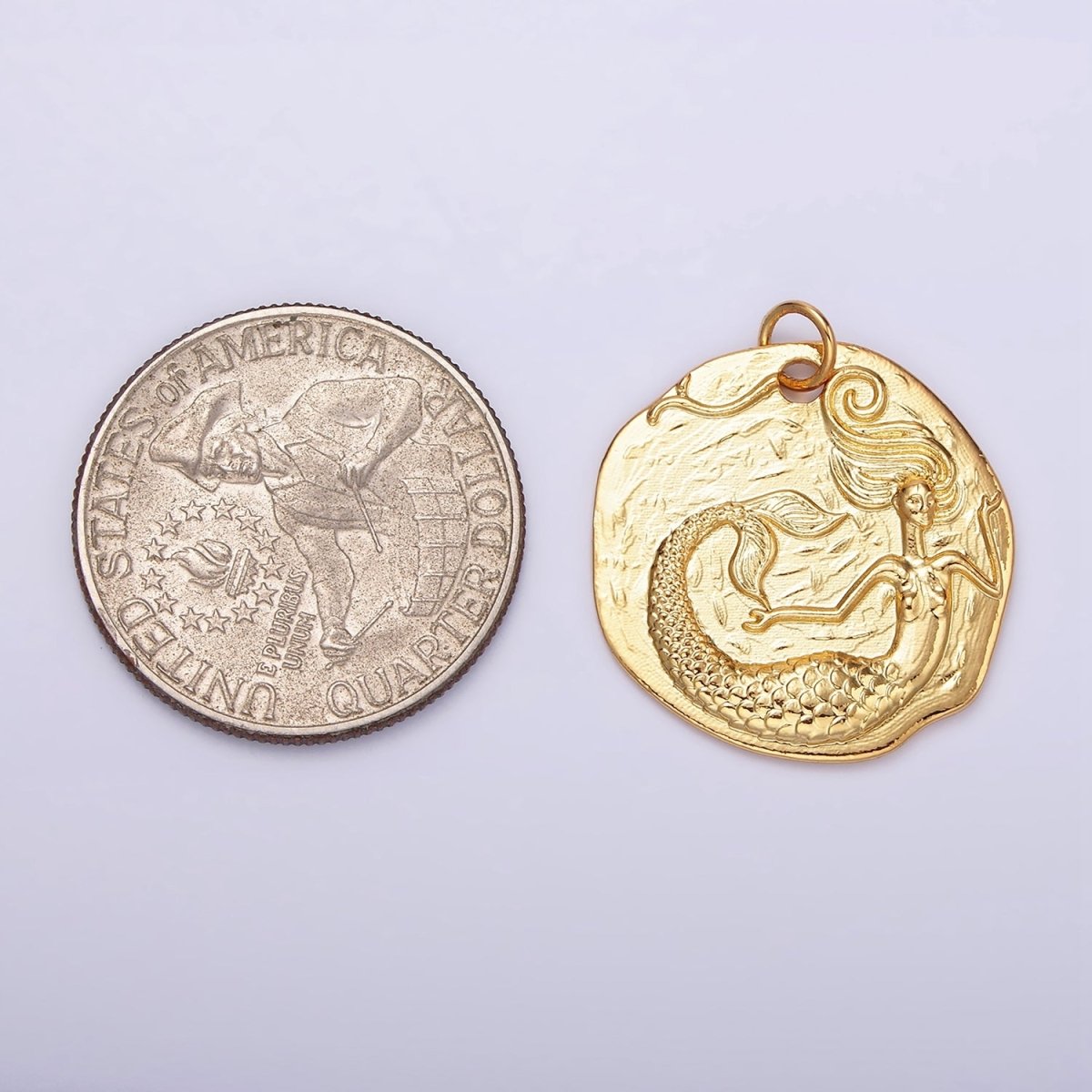 14K Gold Filled Ocean Mermaid Textured Round Coin Charm in Gold & Silver | N1161 N1162 - DLUXCA