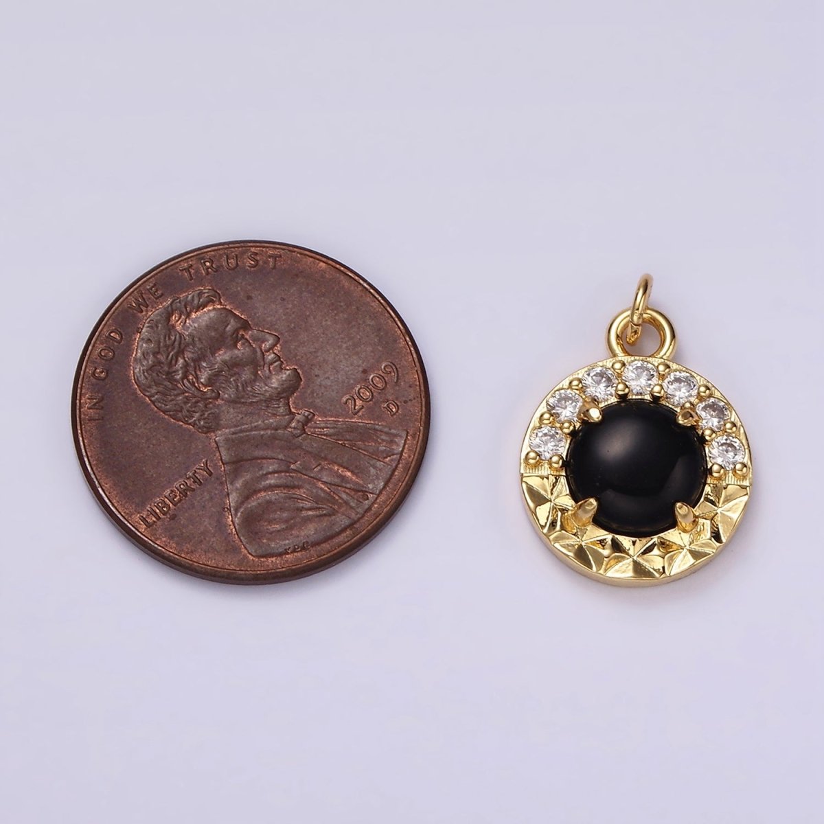 14K Gold Filled Onyx Sunburst Micro Paved CZ Round Bezel Charm | AG489 - DLUXCA