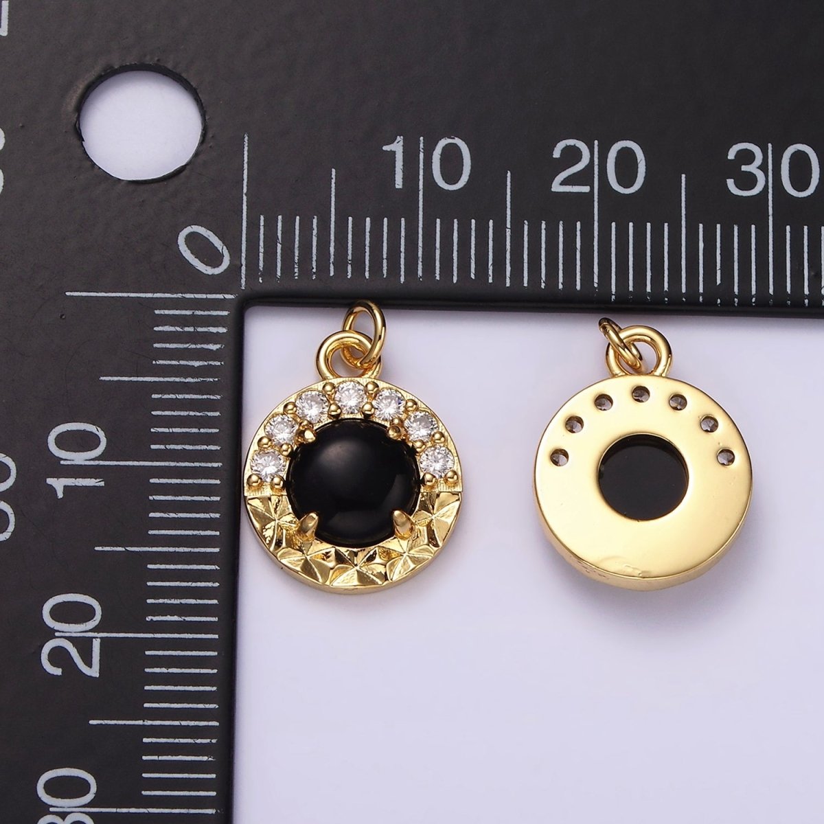 14K Gold Filled Onyx Sunburst Micro Paved CZ Round Bezel Charm | AG489 - DLUXCA