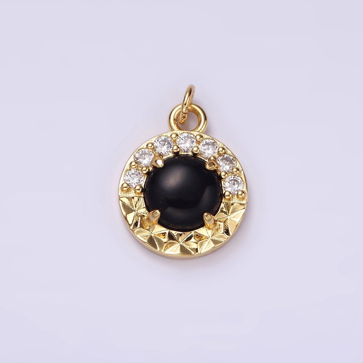 14K Gold Filled Onyx Sunburst Micro Paved CZ Round Bezel Charm | AG489 - DLUXCA