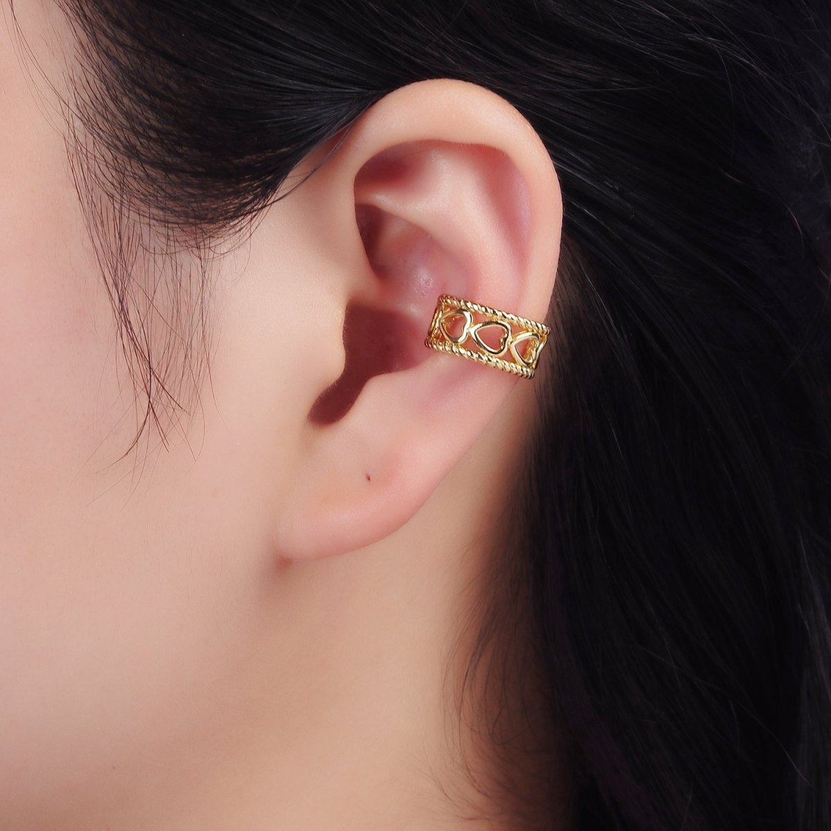 14K Gold Filled Open Heart Lined Croissant Band Ear Cuff Earrings | AI158 - DLUXCA