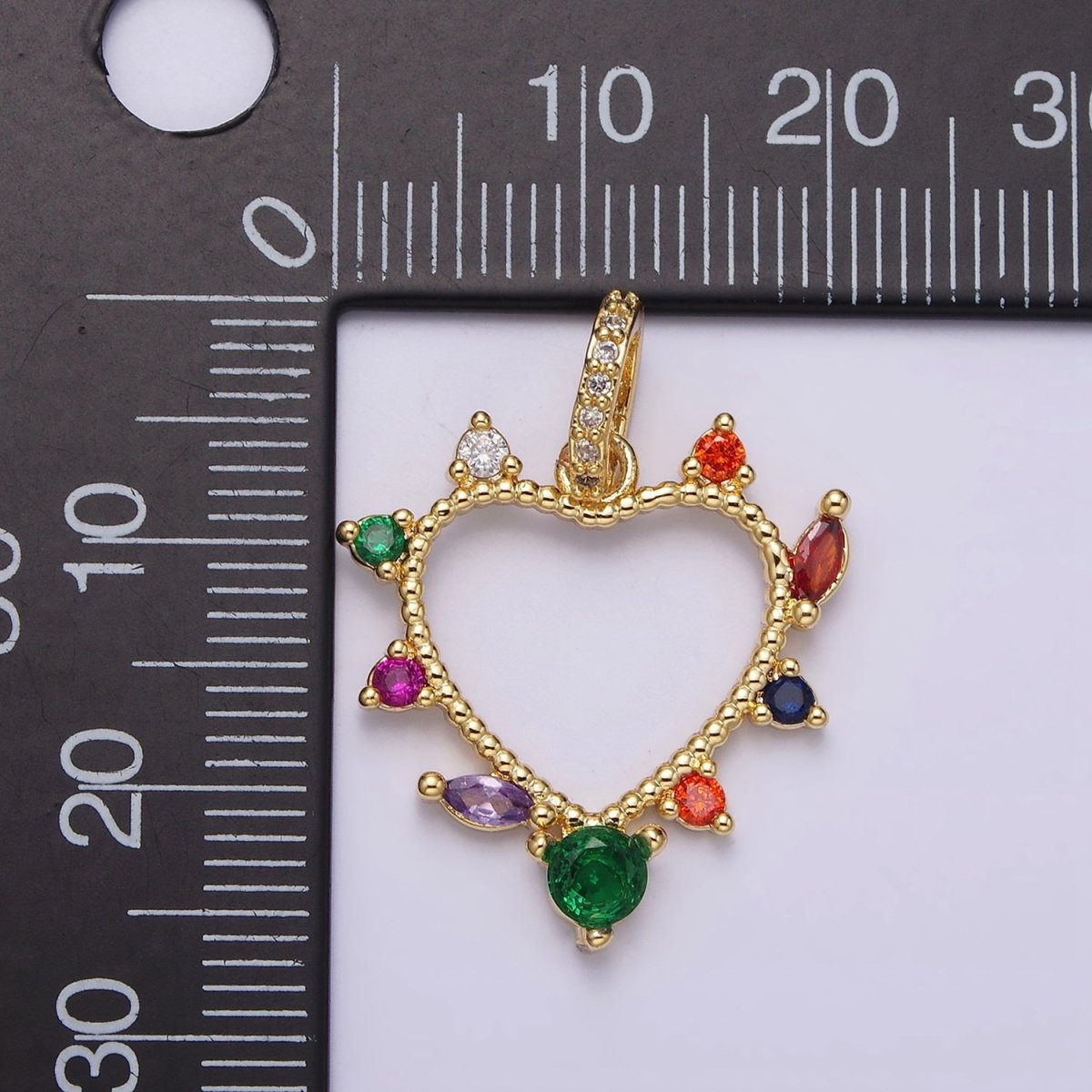 14K Gold Filled Open Heart Multicolor CZ Marquise Dotted Outline Micro Paved CZ Bail Pendant | AA610 - DLUXCA