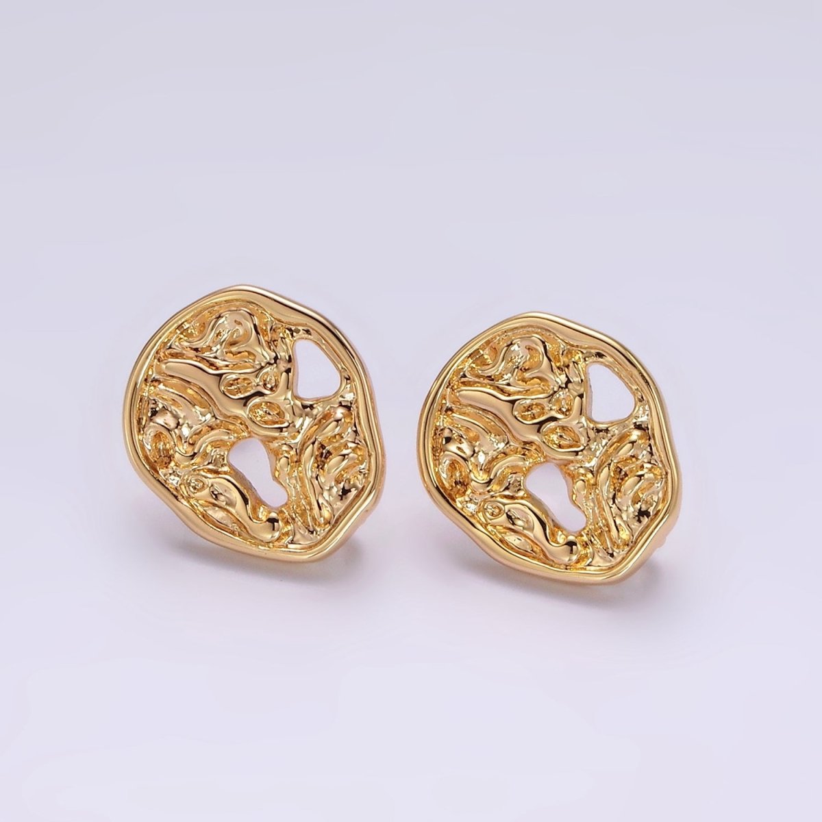 14K Gold Filled Open Molten Hammered Abstract Round Stud Earrings | Z599 - DLUXCA