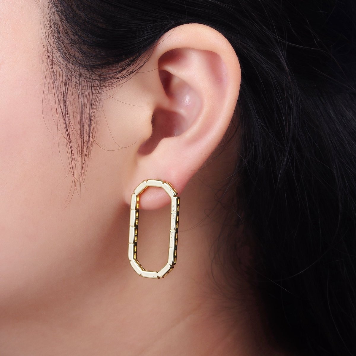 14K Gold Filled Open Oblong Drop Hexagonal Brick Bar Stud Earrings | AE659 - DLUXCA