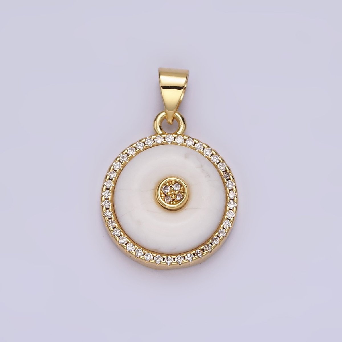 14K Gold Filled Orange Cat's Eye, White Howlite Donut Natural Gemstone Micro Paved CZ Round Pendant | AA662 AA663 - DLUXCA