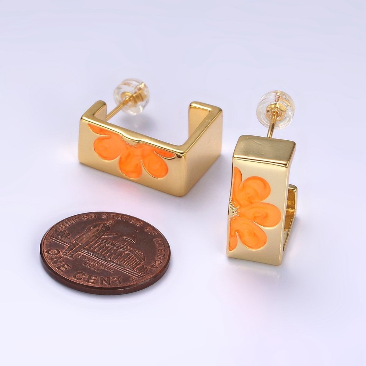 14K Gold Filled Orange Enamel Flower Nature Boxy J-Shaped Hoop Earrings Set | V056 - DLUXCA