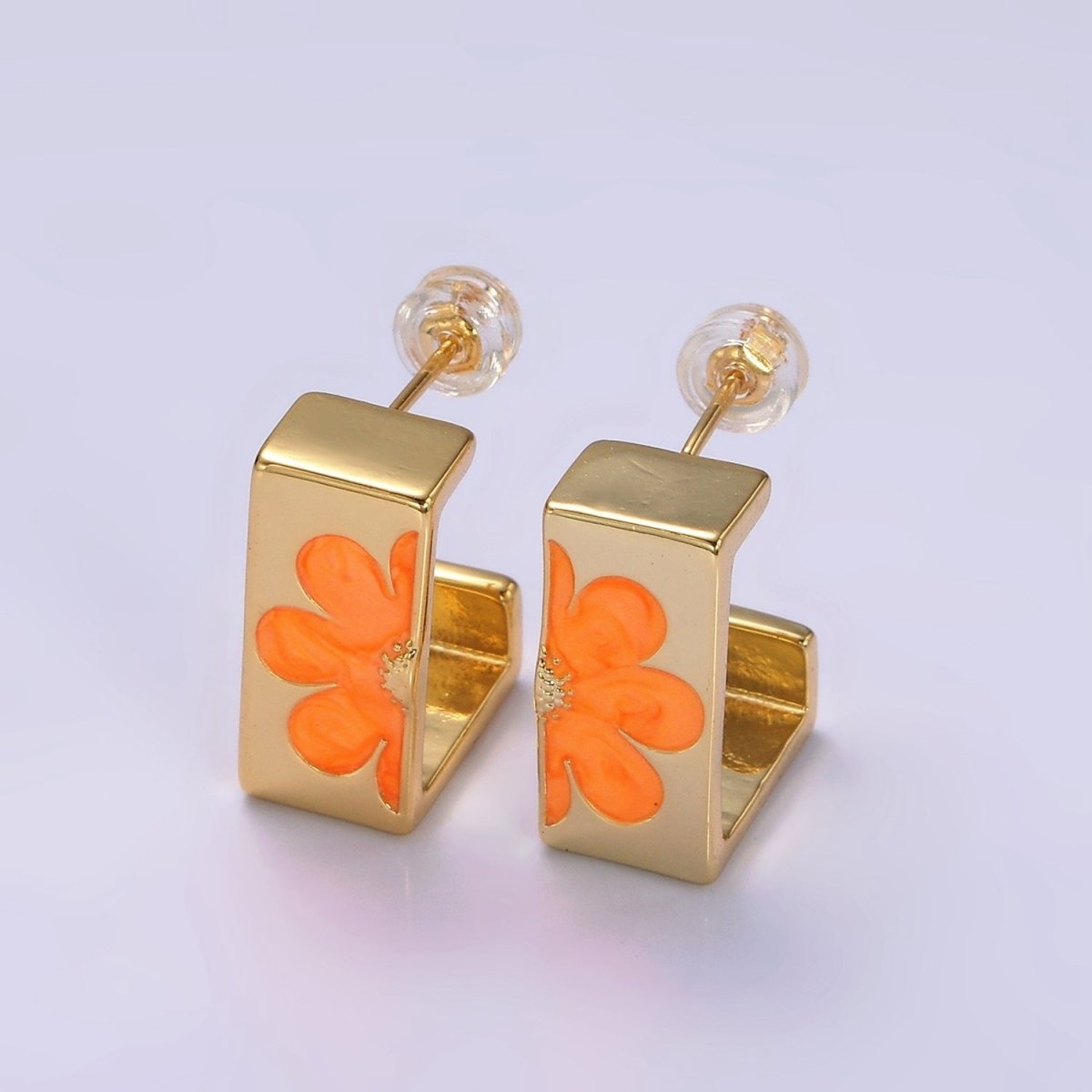 14K Gold Filled Orange Enamel Flower Nature Boxy J-Shaped Hoop Earrings Set | V056 - DLUXCA