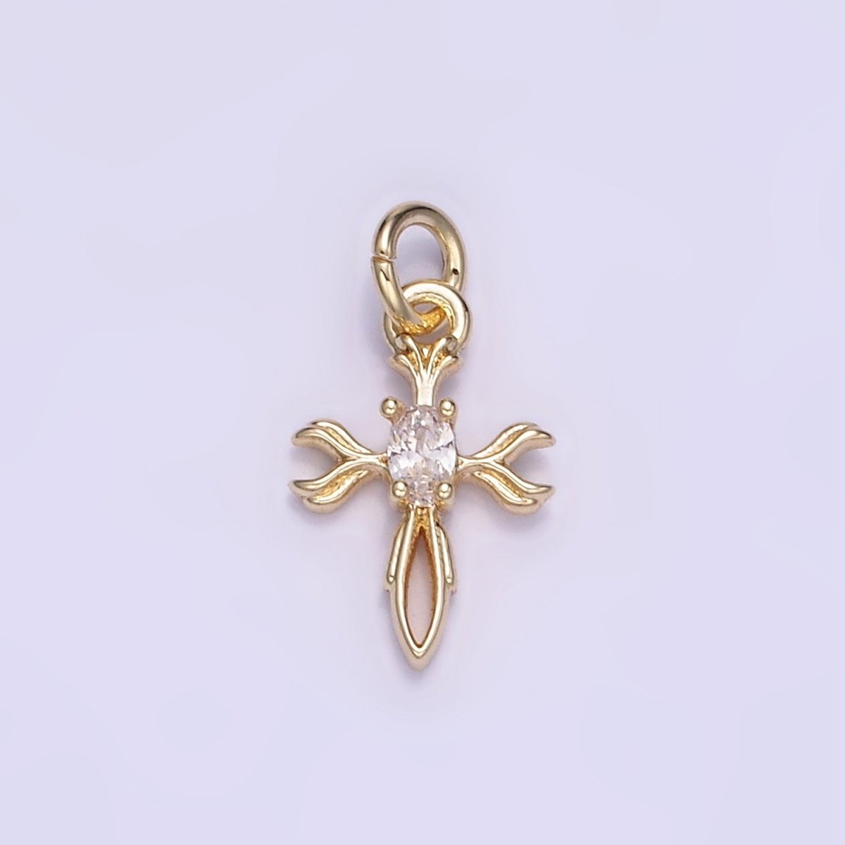 14K Gold Filled Oval CZ Curved Open Cross Charm | W530 - DLUXCA