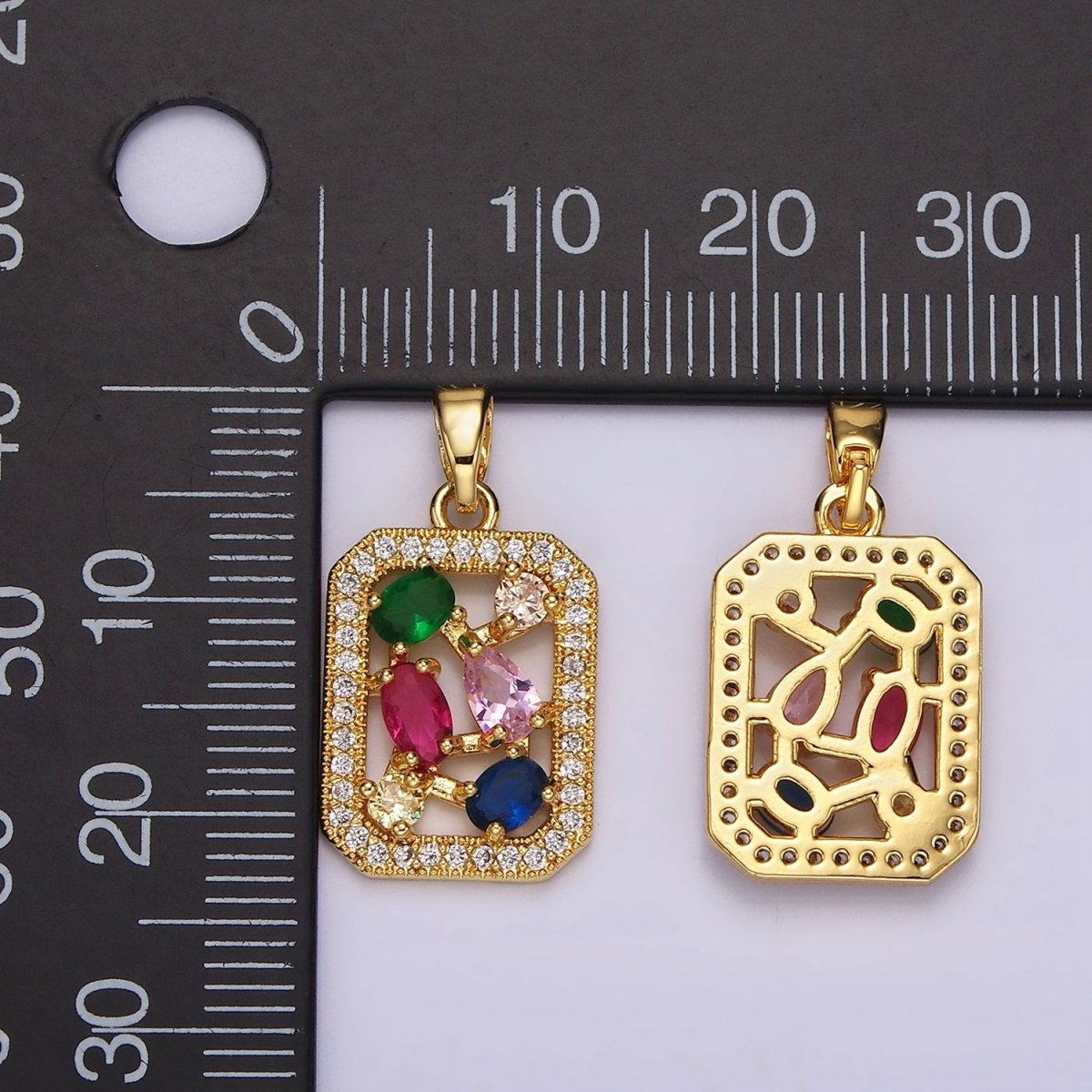 14K Gold Filled Oval Multicolor CZ Micro Paved Open Tag Pendant | AH061 - DLUXCA