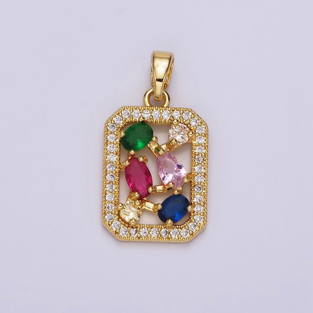 14K Gold Filled Oval Multicolor CZ Micro Paved Open Tag Pendant | AH061 - DLUXCA