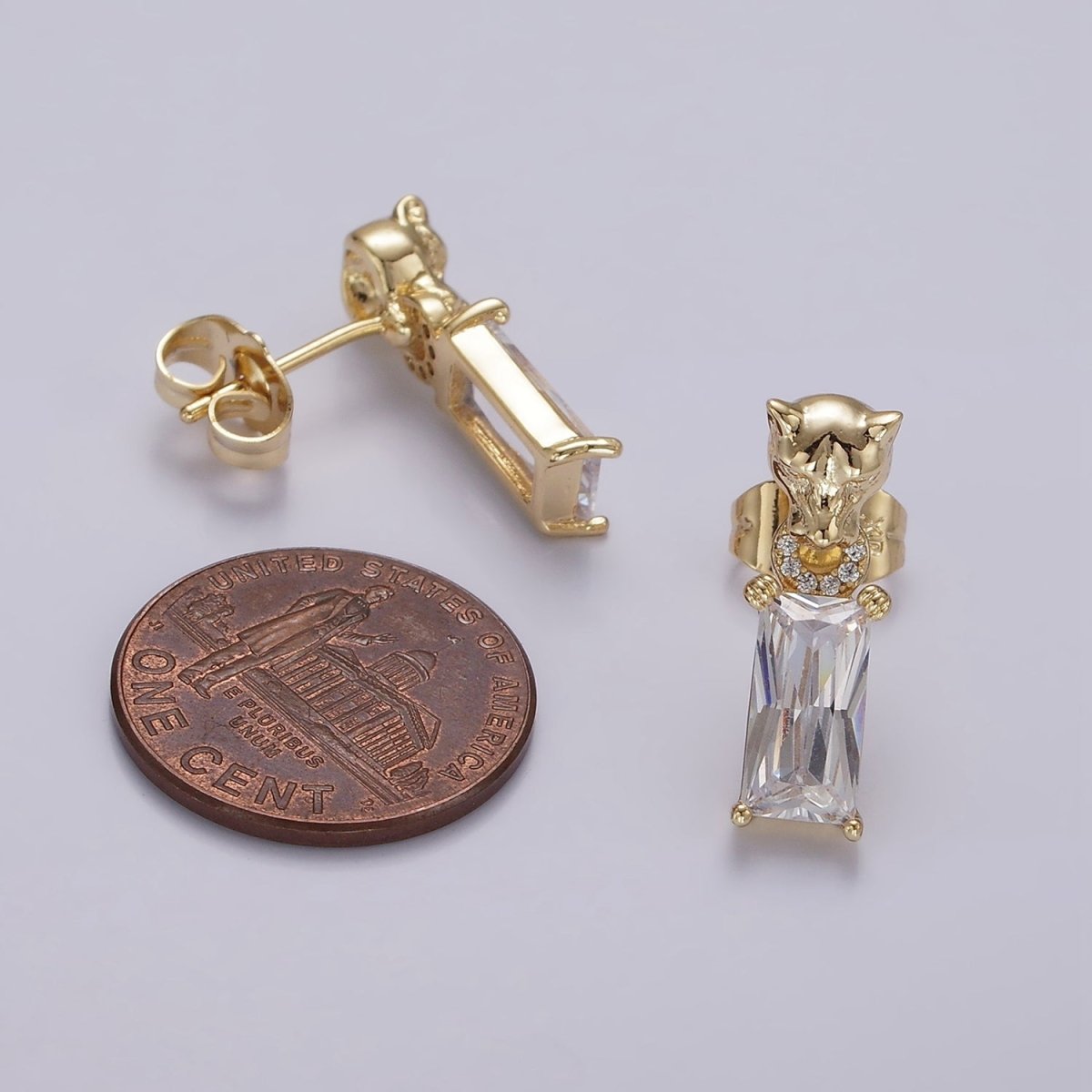 14K Gold Filled Panther Head Open Round Link Baguette CZ Drop Stud Earrings | AE1136 - DLUXCA