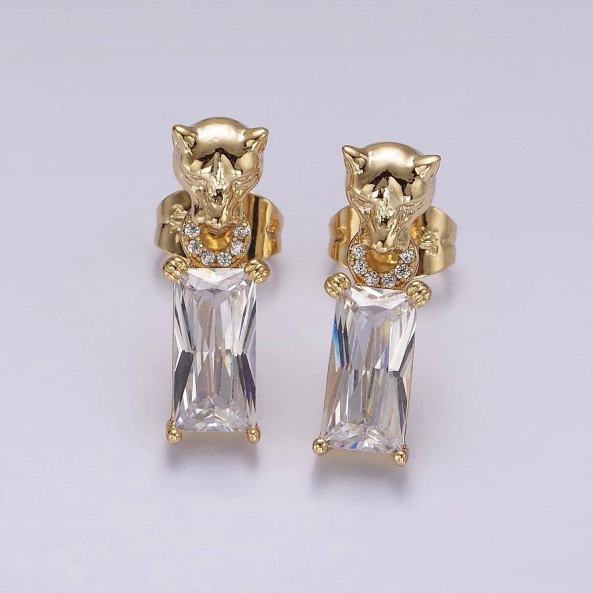 14K Gold Filled Panther Head Open Round Link Baguette CZ Drop Stud Earrings | AE1136 - DLUXCA