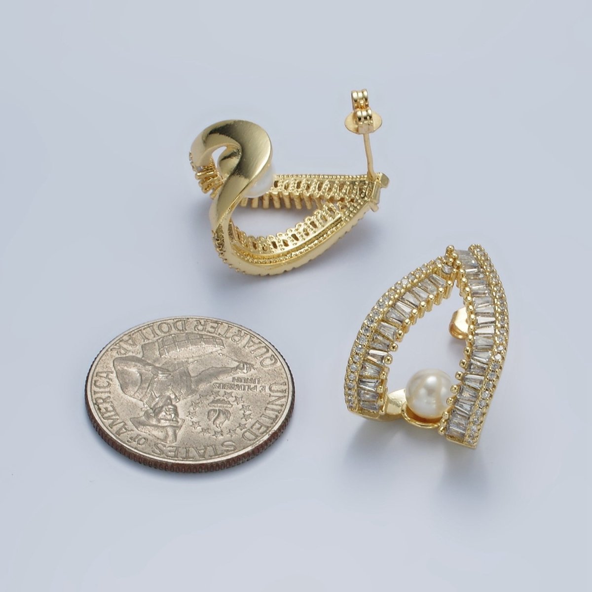 14K Gold Filled Pearl Baguette Micro Paved CZ Open Teardrop J-Shaped Hoop Earrings | AE419 - DLUXCA