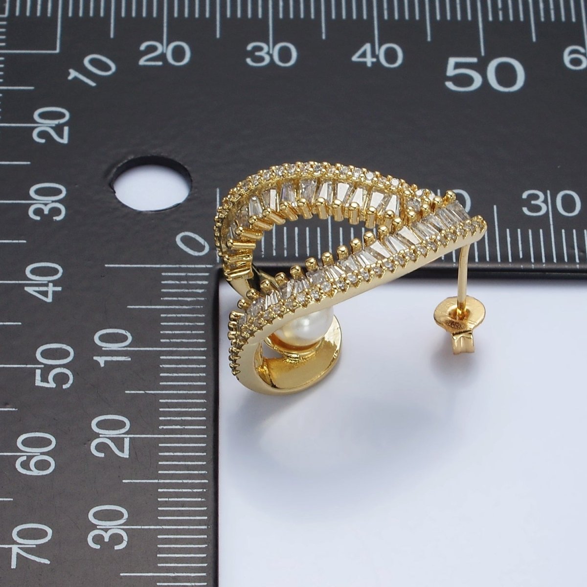 14K Gold Filled Pearl Baguette Micro Paved CZ Open Teardrop J-Shaped Hoop Earrings | AE419 - DLUXCA