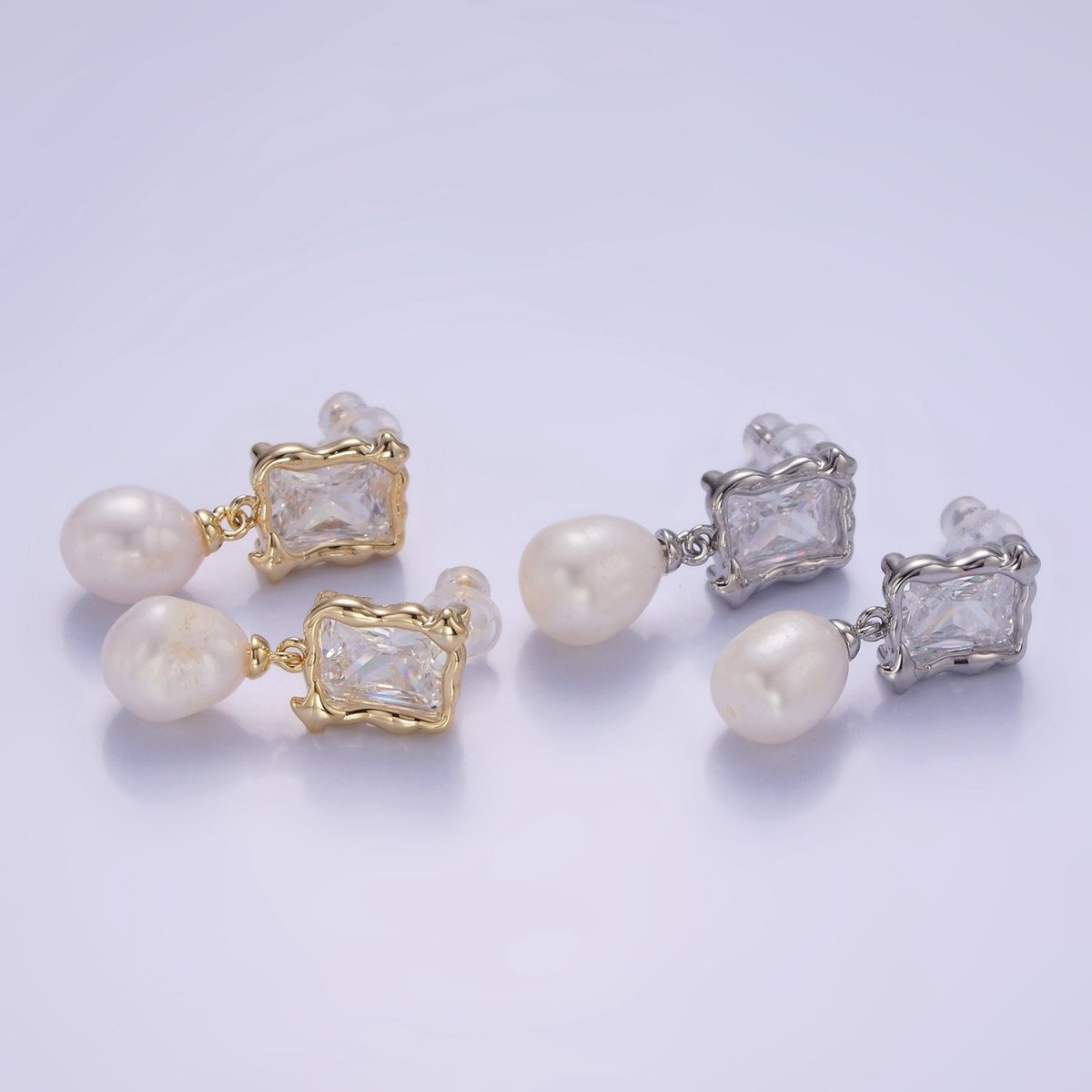 14K Gold Filled Pearl Baguette Molten Drop Stud Earrings in Gold & Silver | AE486 AE487 - DLUXCA