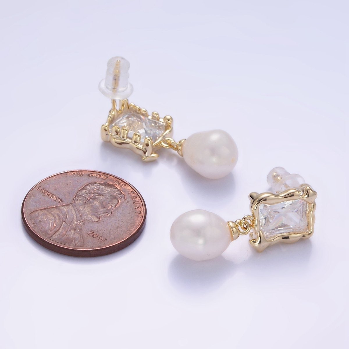 14K Gold Filled Pearl Baguette Molten Drop Stud Earrings in Gold & Silver | AE486 AE487 - DLUXCA