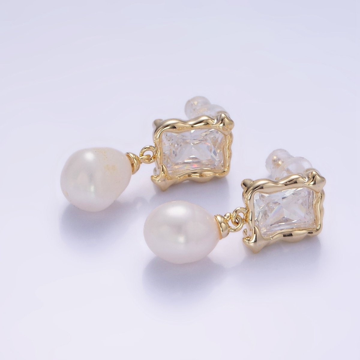 14K Gold Filled Pearl Baguette Molten Drop Stud Earrings in Gold & Silver | AE486 AE487 - DLUXCA