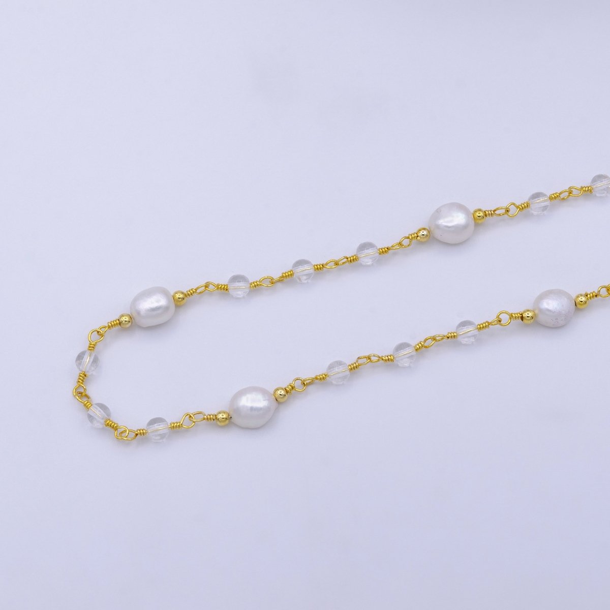 14K Gold Filled Pearl Chain, White Freshwater Pearl Rosary Chain, Bulk Chain Clear Quartz Beads Beaded Unfinished Chain by Yard | ROLL-1214 Clearance Pricing - DLUXCA