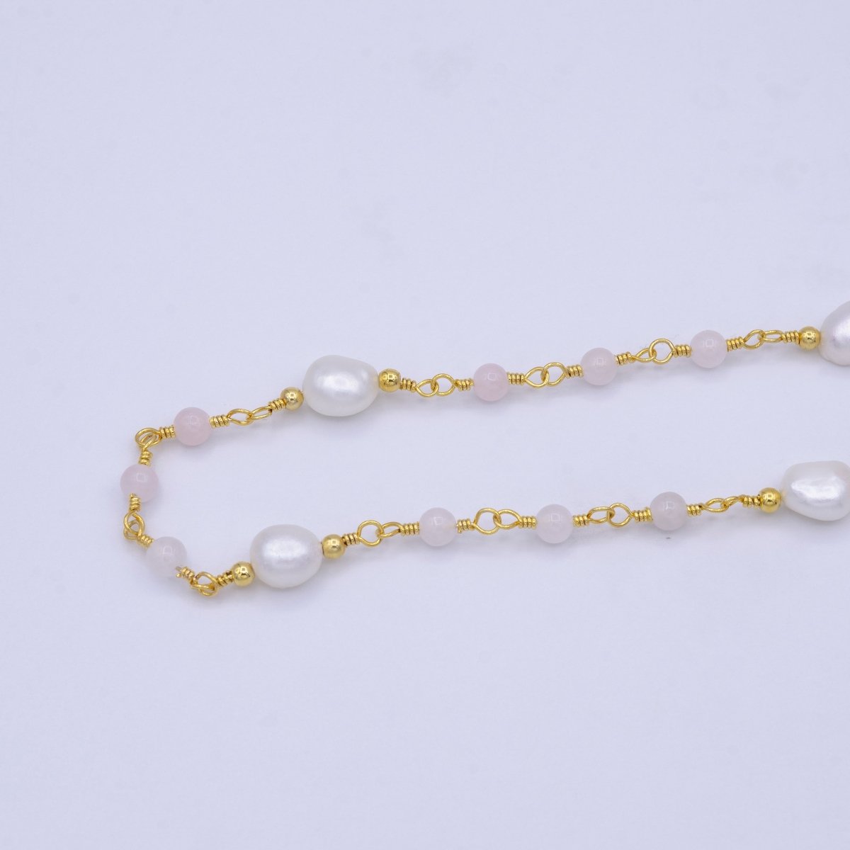 14K Gold Filled Pearl Chain, White Freshwater Pearl Rosary Chain, Bulk Chain Rose Quartz Beads Beaded Unfinished Chain by Yard | ROLL-1213 Clearance Pricing - DLUXCA