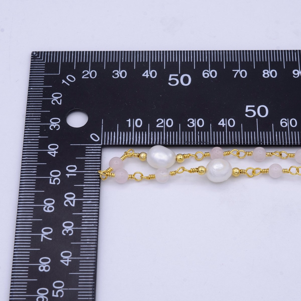 14K Gold Filled Pearl Chain, White Freshwater Pearl Rosary Chain, Bulk Chain Rose Quartz Beads Beaded Unfinished Chain by Yard | ROLL-1213 Clearance Pricing - DLUXCA
