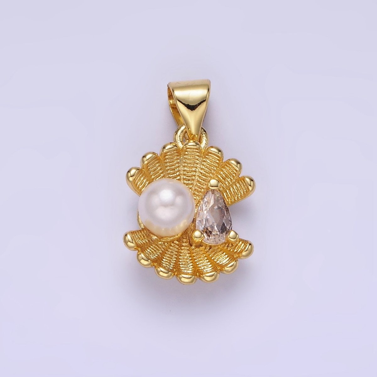 14K Gold Filled Pearl Clear CZ Teardrop Line-Textured Clam Sea Shell Pendant | AA1147 - DLUXCA