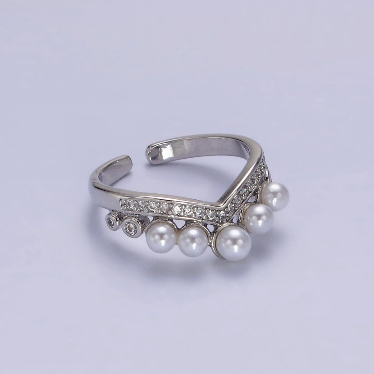 14K Gold Filled Pearl Dotted Clear Micro Paved CZ Chevron Ring in Gold & Silver | O-833 O-633 - DLUXCA