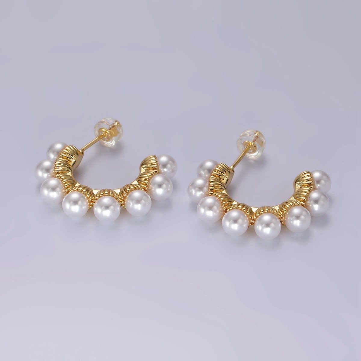 14K Gold Filled Pearl Dotted Lined C-Shaped Hoop Earrings | AE179 - DLUXCA