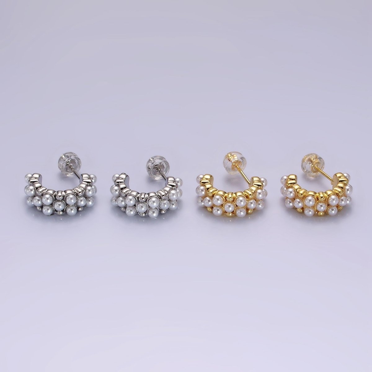 14K Gold Filled Pearl Dotted Wide C-Shaped Hoop Earrings in Gold & Silver | AE943 AE944 - DLUXCA