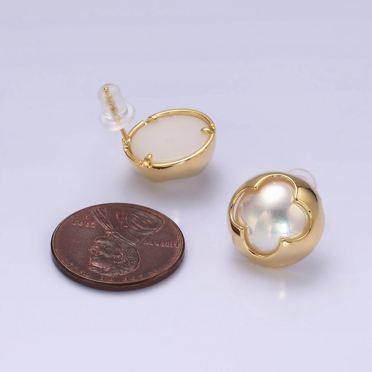 14K Gold Filled Pearl Iridescent Quatrefoil Bezel Round Stud Earrings in Gold & Silver | V264 V265 - DLUXCA