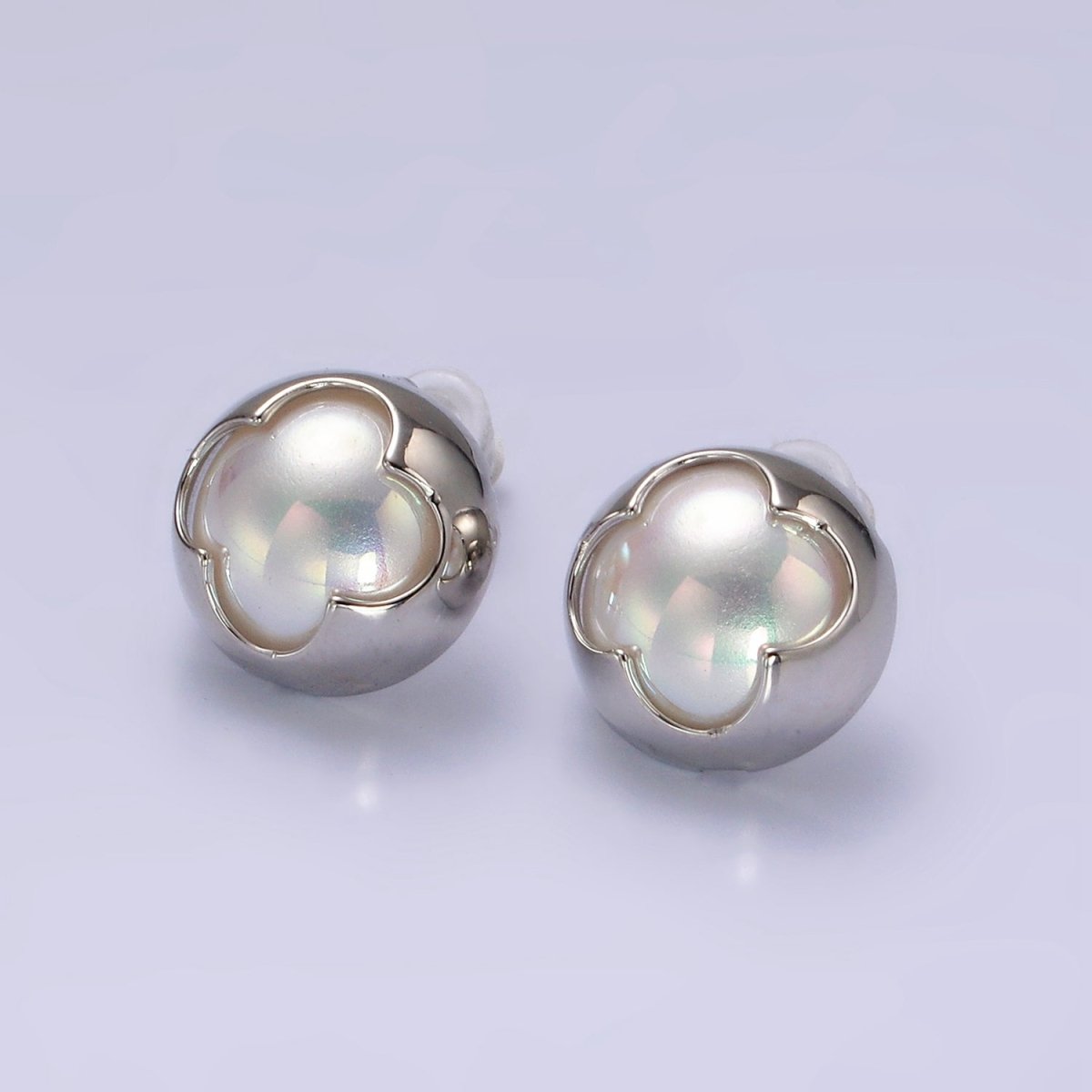 14K Gold Filled Pearl Iridescent Quatrefoil Bezel Round Stud Earrings in Gold & Silver | V264 V265 - DLUXCA