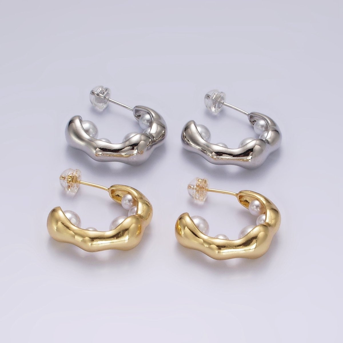 14K Gold Filled Pearl Lined Molten C-Shaped Hoop Earrings in Silver & Gold | AE235 AE236 - DLUXCA