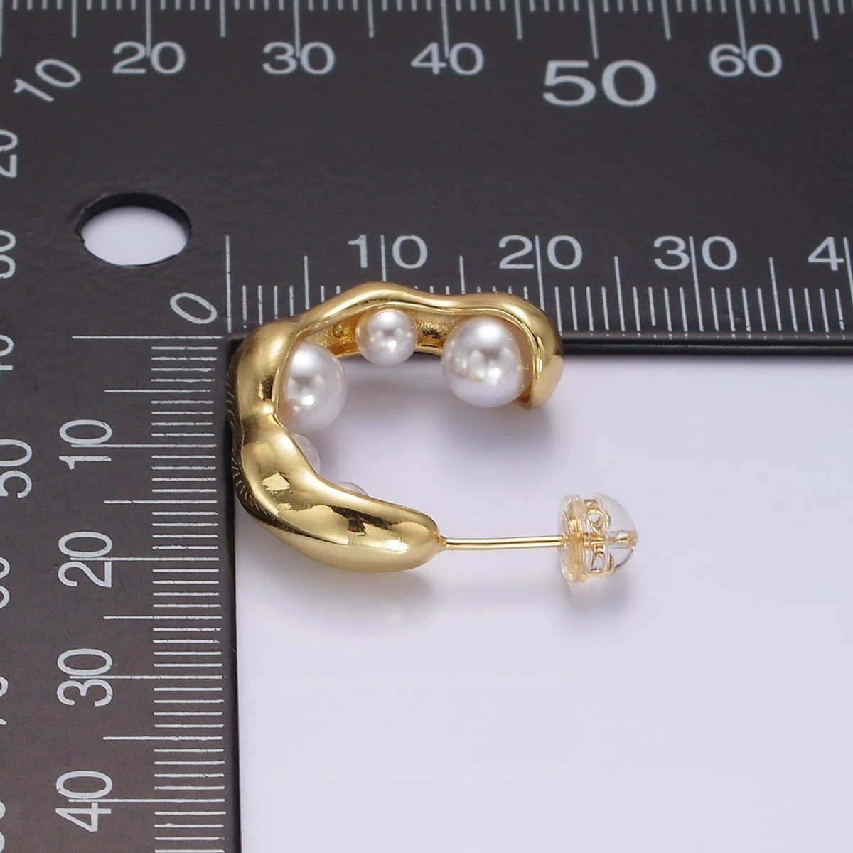 14K Gold Filled Pearl Lined Molten C-Shaped Hoop Earrings in Silver & Gold | AE235 AE236 - DLUXCA