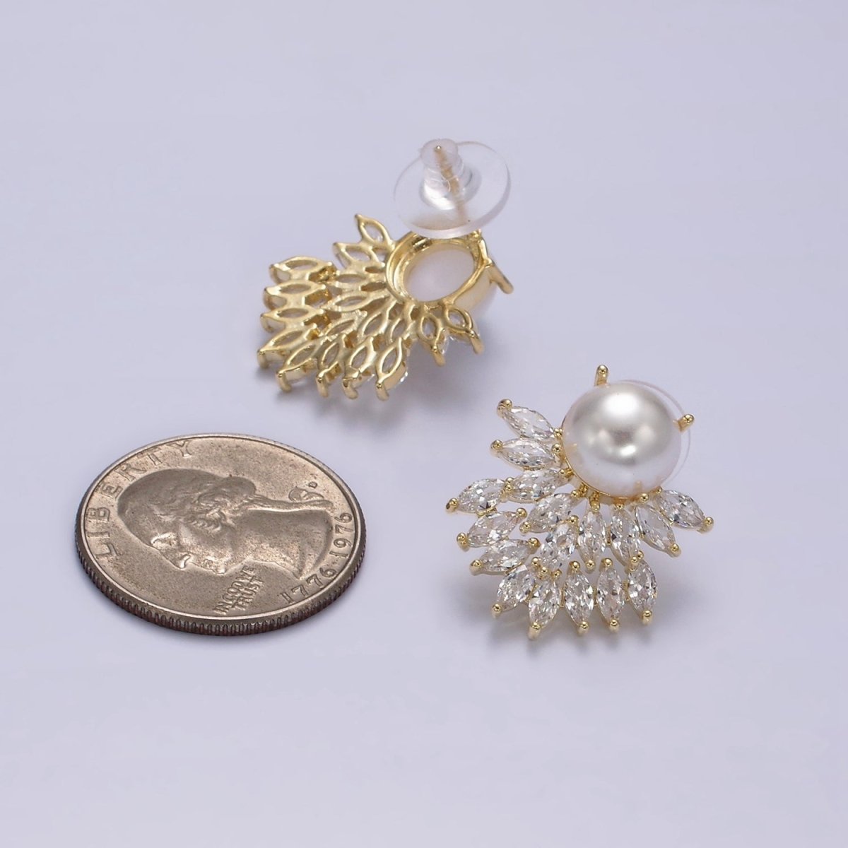 14K Gold Filled Pearl Marquise Double Curved Lined Stud Earrings in Gold & Silver | AE319 AE320 - DLUXCA