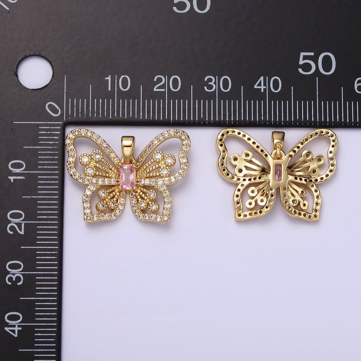 14K Gold Filled Pink Baguette Micro Paved CZ Butterfly Mariposa Open Pendant | AH047 - DLUXCA