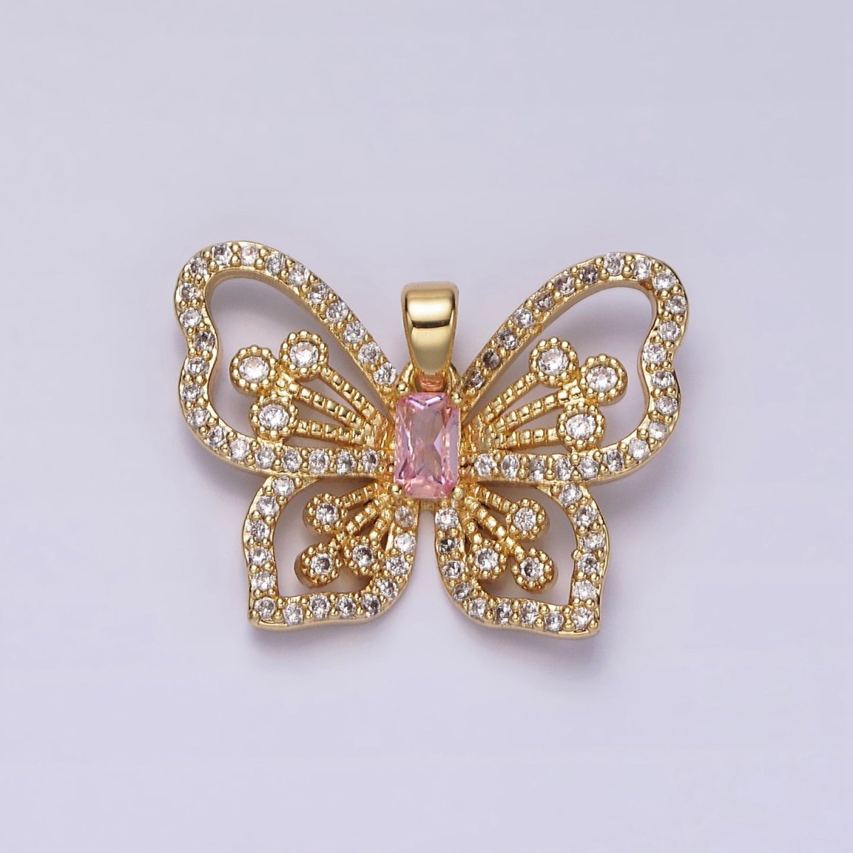 14K Gold Filled Pink Baguette Micro Paved CZ Butterfly Mariposa Open Pendant | AH047 - DLUXCA