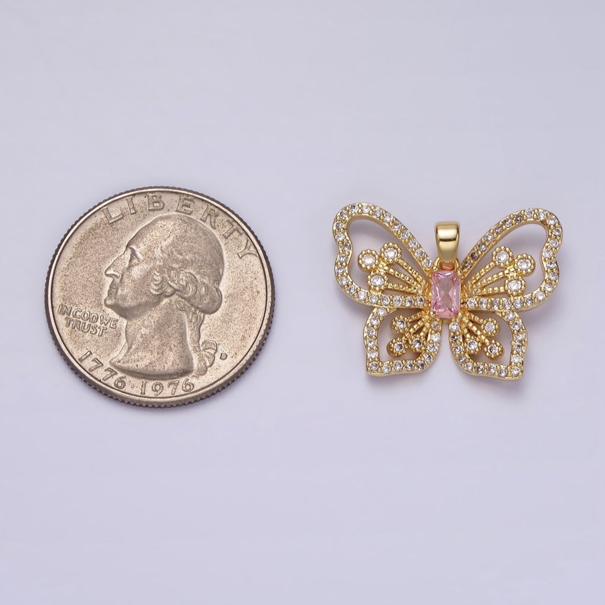 14K Gold Filled Pink Baguette Micro Paved CZ Butterfly Mariposa Open Pendant | AH047 - DLUXCA