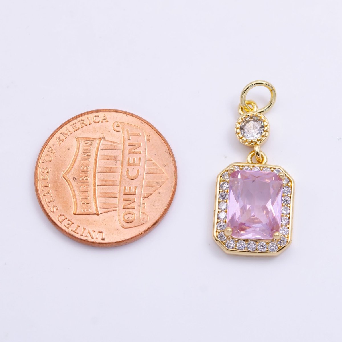 14K Gold Filled Pink Baguette Micro Paved CZ Hexagonal Drop Charm in Gold & Silver | W473 W474 - DLUXCA