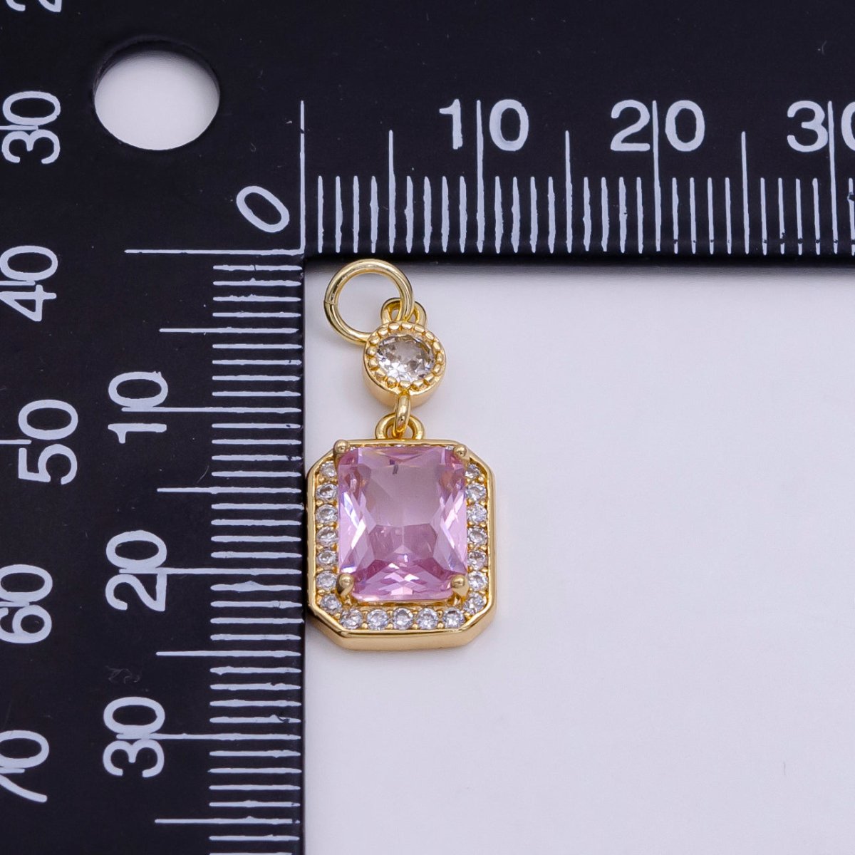 14K Gold Filled Pink Baguette Micro Paved CZ Hexagonal Drop Charm in Gold & Silver | W473 W474 - DLUXCA