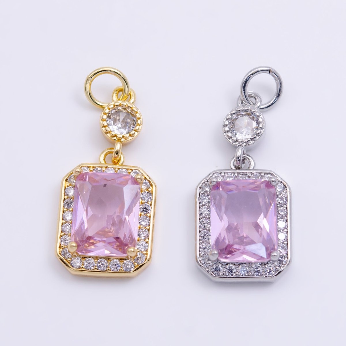 14K Gold Filled Pink Baguette Micro Paved CZ Hexagonal Drop Charm in Gold & Silver | W473 W474 - DLUXCA