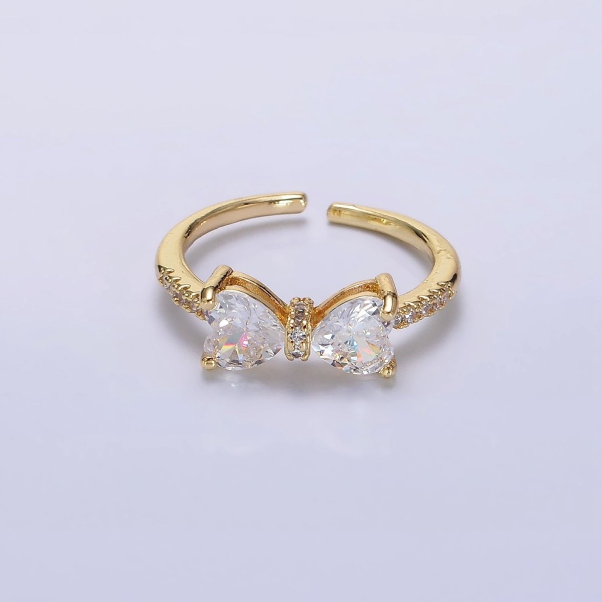 14K Gold Filled Pink, Clear CZ Heart Ribbon Micro Paved Ring | O-637 O-638 - DLUXCA