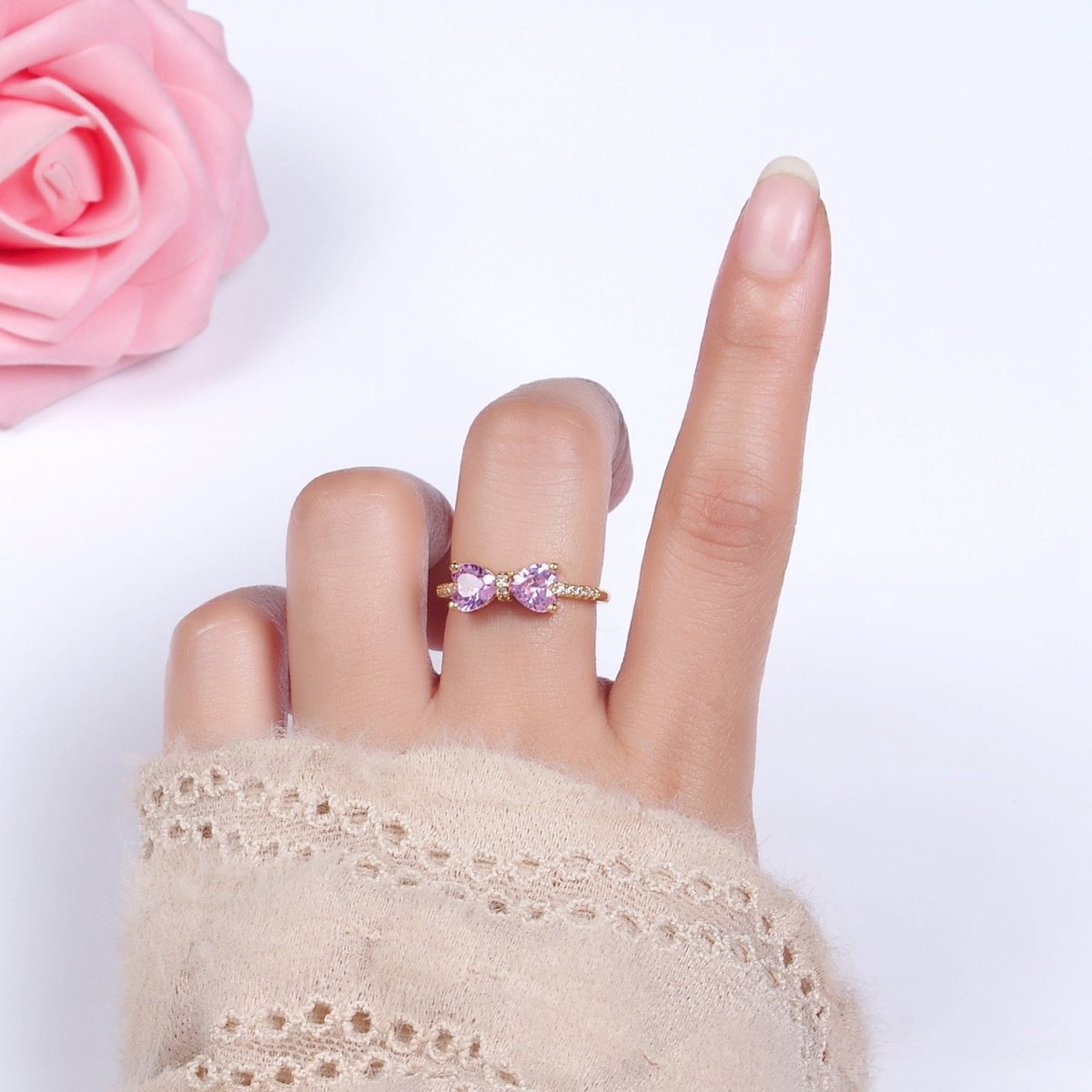 14K Gold Filled Pink, Clear CZ Heart Ribbon Micro Paved Ring | O-637 O-638 - DLUXCA
