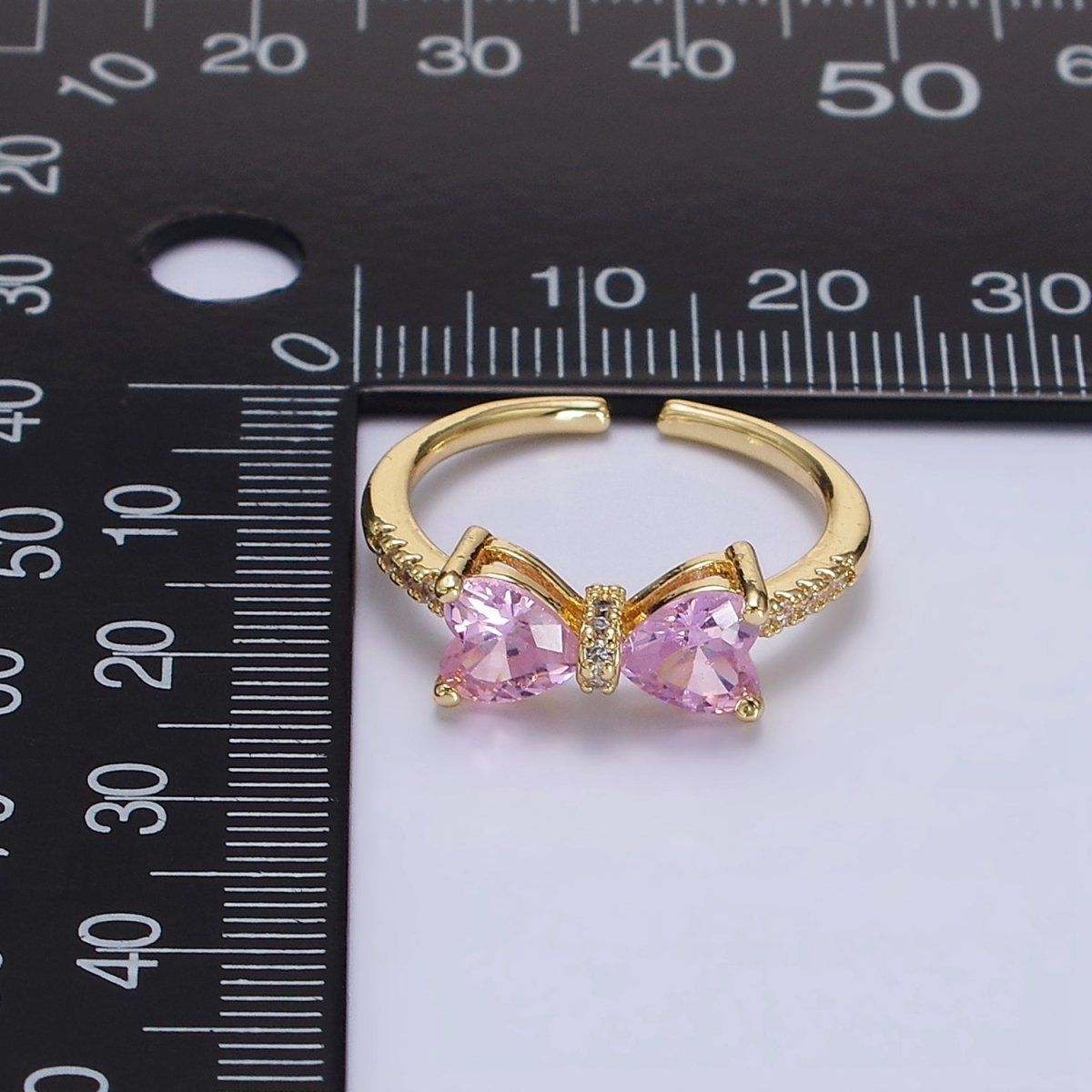 14K Gold Filled Pink, Clear CZ Heart Ribbon Micro Paved Ring | O-637 O-638 - DLUXCA