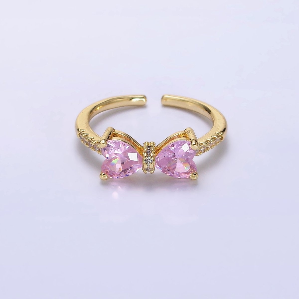 14K Gold Filled Pink, Clear CZ Heart Ribbon Micro Paved Ring | O-637 O-638 - DLUXCA